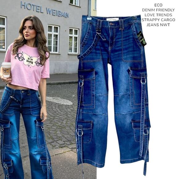 ECO FRIENDLY STRAPPY CARGO JEANS PANTS LOVE TREND Y2K NWT 27-30" - Picture 1 of 8
